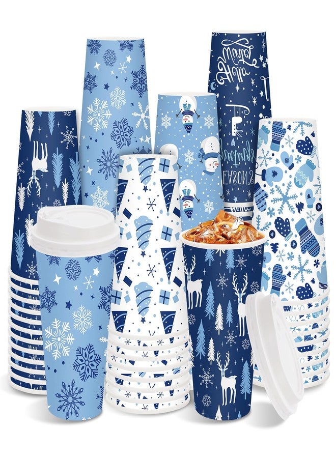 JarThenaAMCS 60Pcs Christmas Coffee Cups with Lids 16oz Blue Snowflake Xmas Tree Snowman Paper Cups Winter Disposable To Go Coffee Cup for Cafes Shops Cappuccino Chocolate Beverage Cocoa - Image 1